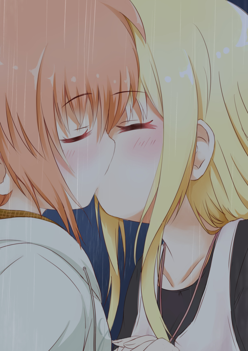 2girls blonde_hair blush casual closed_eyes collarbone couple fate_testarossa highres jacket jewelry kiss long_hair lyrical_nanoha mahou_shoujo_lyrical_nanoha mahou_shoujo_lyrical_nanoha_a's mode_(mode-n) multiple_girls neck necklace orange_hair rain takamachi_nanoha yuri