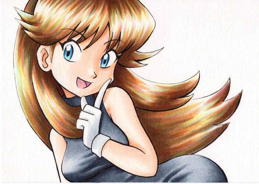 1girl :d bangs bare_arms blue_eyes breasts brown_hair commentary_request dress eyebrows_visible_through_hair eyelashes floating_hair gloves green_(pokemon) grey_background grey_dress hand_up highres oka_mochi open_mouth pokemon pokemon_adventures sleeveless sleeveless_dress smile solo tongue traditional_media white_gloves