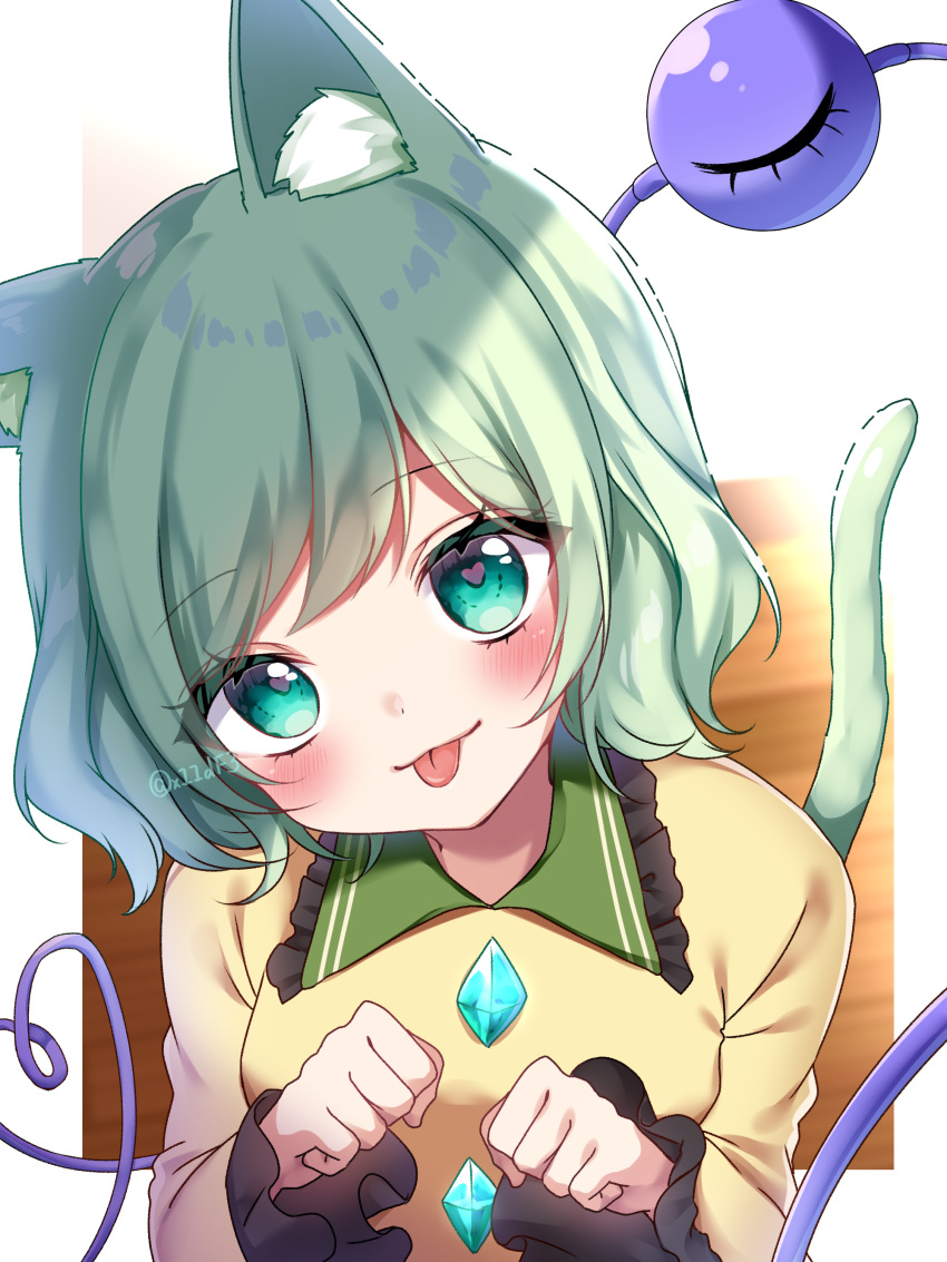 1girl absurdres animal_ears bangs blouse blush border breasts cat_ears cat_tail closed_mouth collar collared_shirt crystal eyebrows_visible_through_hair eyes_visible_through_hair floor frills green_eyes green_hair hair_between_eyes heart heart-shaped_pupils highres jewelry komeiji_koishi light long_sleeves looking_at_viewer medium_breasts no_hat no_headwear shadow shiki_(s1k1xxx) shirt short_hair smile solo symbol-shaped_pupils tail third_eye touhou white_border yellow_blouse