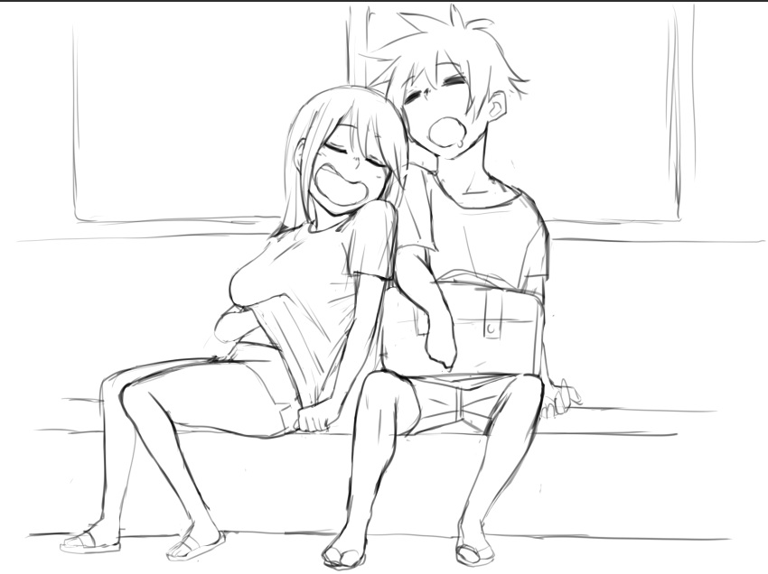 1boy 1girl aqua_(konosuba) contemporary greyscale highres izawa_koushi kono_subarashii_sekai_ni_shukufuku_wo! long_hair monochrome satou_kazuma short_hair short_shorts shorts sketch sleeping sleeping_on_person