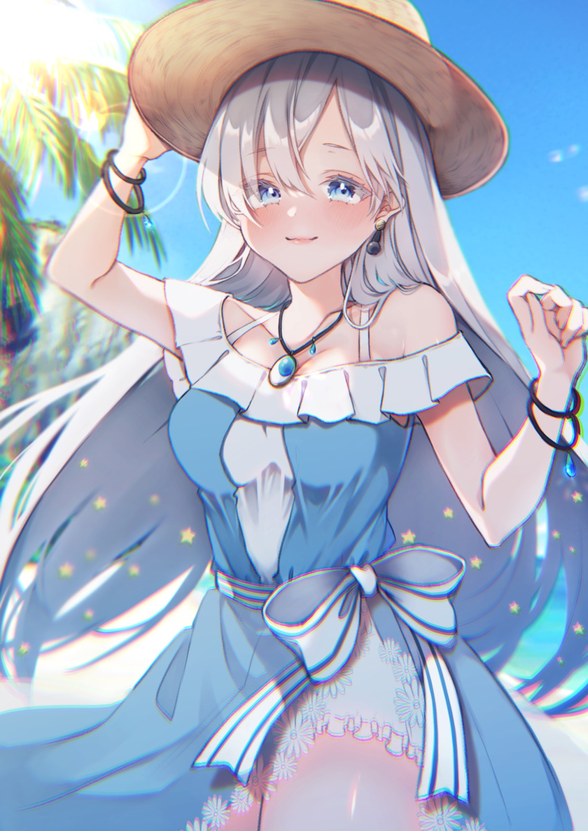 1girl anastasia_(fate) anastasia_(swimsuit_archer)_(fate) arm_up bangs bare_shoulders blue_dress blue_eyes blue_sky bow bracelet breasts clouds collarbone cowboy_shot dress earrings eyes_visible_through_hair fate/grand_order fate_(series) frilled_dress frills hair_between_eyes hair_over_one_eye hat highres jewelry long_hair looking_at_viewer medium_breasts necklace off-shoulder_dress off_shoulder outdoors palm_tree pendant signature silver_hair sky solo star_(symbol) straw_hat suna_co tree two-tone_dress white_bow white_dress
