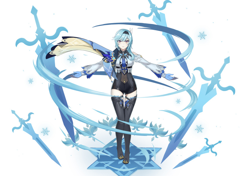 1girl bangs black_legwear black_leotard blue_hair cape claymore_(sword) commentary_request eula_(genshin_impact) eyebrows_visible_through_hair full_body genshin_impact greatsword hair_between_eyes hair_ornament hairband highres ice_crystal leotard long_hair long_sleeves looking_at_viewer necktie outstretched_arms parody pose qiqi_(genshin_impact) sidelocks simple_background solo spread_arms standing thigh-highs two-tone_gloves violet_eyes vision_(genshin_impact) white_background yanwu-ji zettai_ryouiki