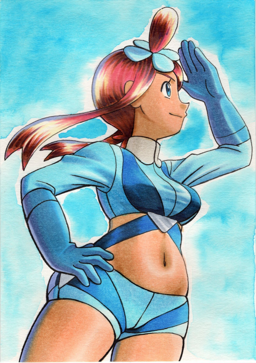 1girl blue_background blue_eyes blue_gloves blue_jacket blue_shorts breasts closed_mouth commentary cowboy_shot cropped_jacket eyelashes gloves hair_ornament hand_on_hip hand_up highres jacket looking_up midriff navel oka_mochi one_side_up pokemon pokemon_(game) pokemon_bw redhead short_hair_with_long_locks short_shorts shorts sidelocks skyla_(pokemon) smile solo tied_hair traditional_media turtleneck