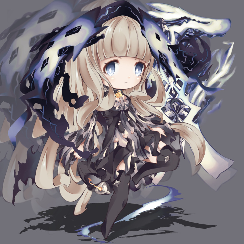 1girl angry bangs blonde_hair blue_eyes blunt_bangs boots chibi choker cloak closed_mouth detached_sleeves dress eyebrows_visible_through_hair frown grey_background highres long_hair looking_at_viewer possessed red_riding_hood_(sinoalice) sidelocks simple_background sinoalice solo standing standing_on_one_leg thigh-highs thigh_boots wavy_hair wolf xxviii_xi