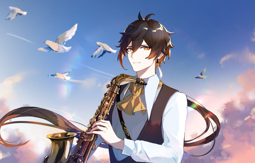 1boy :| absurdres ascot bangs bird black_hair brown_hair closed_mouth collared_shirt crackingtaro day diamond-shaped_pupils diamond_(shape) earrings eyeliner eyeshadow formal genshin_impact gradient_hair hair_between_eyes hair_tie highres holding holding_instrument instrument jewelry long_hair long_sleeves looking_at_viewer makeup male_focus multicolored_hair necktie orange_hair outdoors pigeon ponytail red_eyeshadow saxophone shadow shirt sidelocks signature single_earring sky solo suit symbol-shaped_pupils tassel tassel_earrings twitter_username upper_body vest yellow_eyes zhongli_(genshin_impact)