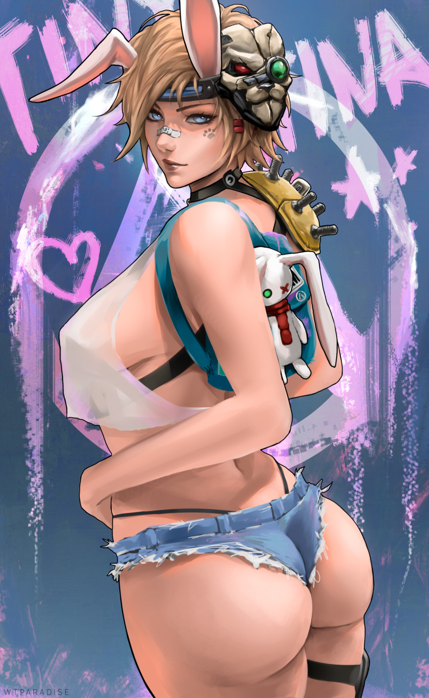 animal_ears armor ass backpack bag bandage_on_face bandages bare_shoulders black_choker blonde_hair breasts choker crop_top cutoffs denim denim_shorts facial_mark from_side graffiti headband highres large_breasts mask mask_on_head original rabbit_ears short_hair shorts shoulder_armor sideboob thigh_strap thighs wtparadiseart