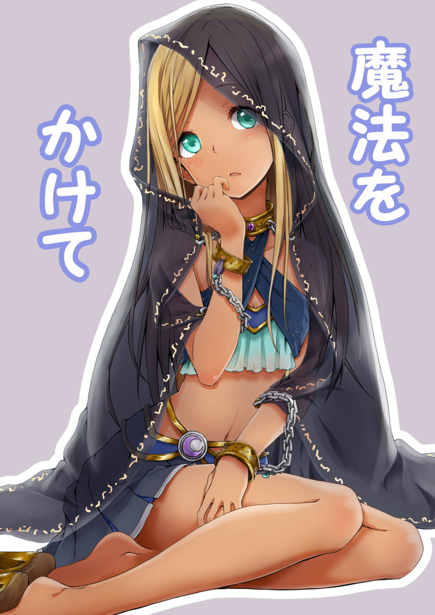 1girl aqua_eyes arabian_clothes armlet barefoot blonde_hair bracelet chain collar dark-skinned_female dark_skin highres idolmaster idolmaster_cinderella_girls jewelry kagiana layla_(idolmaster) long_hair looking_at_viewer midriff navel open_mouth simple_background solo