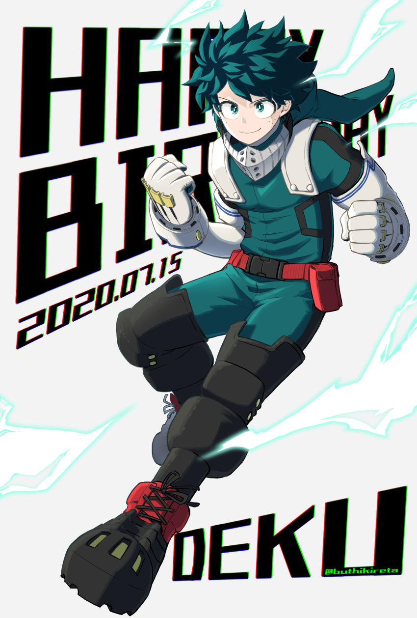 1boy bangs belt bodysuit boku_no_hero_academia buthikireta character_name clenched_hands commentary_request dated elbow_gloves energy freckles gloves green_bodysuit green_hair grey_gloves happy_birthday highres hood hood_down looking_at_viewer male_focus midoriya_izuku pouch red_belt red_footwear short_hair simple_background smile solo white_gloves