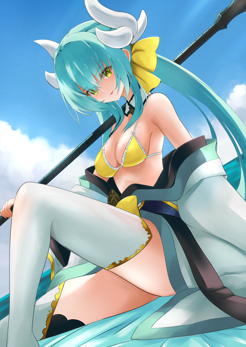 1girl aqua_hair bare_shoulders bikini bikini_top bow clouds detached_collar dragon_horns eyes_visible_through_hair fate/grand_order fate_(series) feet_out_of_frame green_eyes hair_between_eyes hair_bow hair_ornament highres holding holding_polearm holding_spear holding_weapon horns japanese_clothes kimono kiyohime_(fate) kiyohime_(swimsuit_lancer)_(fate) manjirou_(manji_illust) off-shoulder_kimono off_shoulder official_alternate_costume polearm sitting sky solo spear swimsuit thigh-highs weapon yellow_bikini