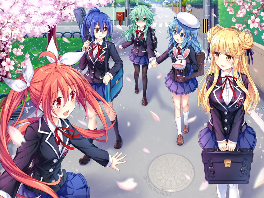 5girls ahoge bag beret black_legwear blue_eyes blue_hair blush breasts brown_eyes brown_footwear cherry_blossoms date_a_live day eyebrows_visible_through_hair eyepatch grass green_eyes green_hair hair_between_eyes hair_ornament hair_ribbon hand_puppet hat highres holding holding_bag hoshimiya_mukuro itsuka_kotori large_breasts loafers long_hair looking_at_another looking_to_the_side mole mole_under_eye multiple_girls natsumi_(date_a_live) open_mouth outdoors ponytail puppet red_eyes redhead ribbon road road_sign school_uniform shoes sign skirt small_breasts smile socks standing takamiya_mana thigh-highs translation_request tsubasaki twintails twitter_username uniform very_long_hair walking white_headwear white_legwear yoshino_(date_a_live) yoshinon