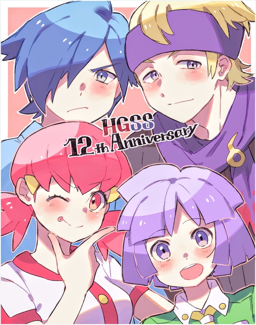 1girl 3boys ;p anniversary bangs blonde_hair blue_hair blush bugsy_(pokemon) buttons closed_mouth collared_shirt commentary_request eyebrows_visible_through_hair eyelashes falkner_(pokemon) frown green_shirt grey_eyes hair_ornament hair_over_one_eye hairclip hand_up highres jacket long_hair matcha_(user_psry7388) morty_(pokemon) multiple_boys one_eye_closed open_mouth pink_eyes pink_hair pokemon pokemon_(game) pokemon_hgss purple_hair purple_headband purple_scarf scarf shirt short_hair short_sleeves smile tongue tongue_out twintails upper_teeth violet_eyes white_jacket whitney_(pokemon)