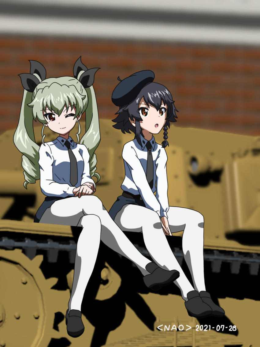 2girls 3d 3d_background :o ;) anchovy_(girls_und_panzer) anzio_school_uniform artist_name bangs belt beret black_belt black_footwear black_hair black_headwear black_neckwear black_ribbon black_skirt blurry blurry_background braid brown_eyes closed_mouth commentary_request dated depth_of_field dress_shirt drill_hair eyebrows_visible_through_hair girls_und_panzer green_hair ground_vehicle hair_ribbon hat highres loafers long_hair long_sleeves looking_at_viewer looking_to_the_side military military_vehicle miniskirt mixed_media motor_vehicle multiple_girls naotosi necktie on_vehicle one_eye_closed open_mouth pantyhose pepperoni_(girls_und_panzer) pleated_skirt ribbon school_uniform semovente_75/18 shirt shoes short_hair side_braid sitting skirt smile tank tilted_headwear twin_drills twintails v_arms white_legwear white_shirt wing_collar