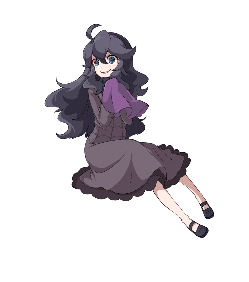 1girl @_@ ahoge bangs black_hair blue_eyes blush commentary_request dress hair_between_eyes hairband handkerchief hex_maniac_(pokemon) highres long_hair mary_janes messy_hair miina-san open_mouth pokemon pokemon_(game) pokemon_xy purple_hairband shoes simple_background smile solo turtleneck_dress white_background