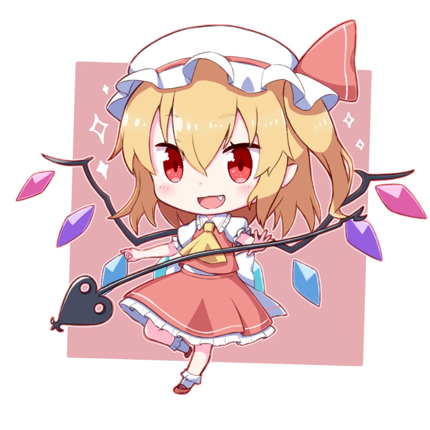 1girl :d ascot back_bow bangs blonde_hair blush bobby_socks bow chibi crystal eyebrows_visible_through_hair fang flandre_scarlet frilled_shirt_collar frills full_body hair_between_eyes hat hat_bow highres holding holding_weapon laevatein_(touhou) mob_cap one_side_up open_mouth petticoat pink_background pointy_ears puffy_short_sleeves puffy_sleeves red_bow red_eyes red_skirt red_vest short_hair short_sleeves simple_background skirt smile socks solo sparkle standing standing_on_one_leg touhou toyomagorilla vest weapon white_background white_bow white_headwear wings
