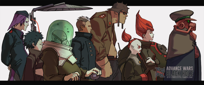 2girls 2others 5boys advance_wars advance_wars:_dual_strike afro antennae arms_behind_back bald breasts crossed_arms english_commentary fisher903 goggles hat hawke_(advance_wars) height_difference highres jugger_(advance_wars) kindle_(advance_wars) koal_(advance_wars) kong lash_(advance_wars) lipstick makeup mask medium_breasts medium_hair midriff military military_hat military_uniform multiple_boys multiple_girls multiple_others oxygen_mask ponytail profile purple_hair redhead robot shadow short_hair simple_background sitting snake_(advance_wars) sturm_(advance_wars) tank_top uniform unzipped von_bolt_(advance_wars) watermark white_background white_hair