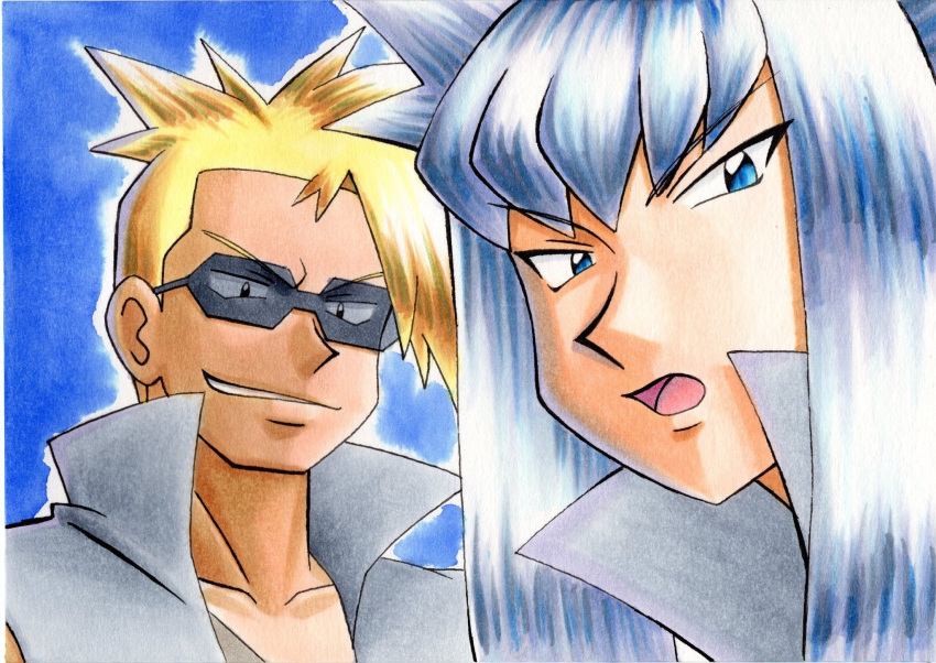 2boys attila_(pokemon) bangs black_eyes blonde_hair blue_background blue_eyes collarbone commentary_request eyebrows_visible_through_hair grey_hair grey_jacket grey_vest highres hun_(pokemon) jacket long_hair looking_down male_focus multiple_boys oka_mochi open_mouth parted_lips pokemon pokemon_(anime) pokemon_(classic_anime) popped_collar shirt smirk spiky_hair sunglasses team_rocket tongue traditional_media vest