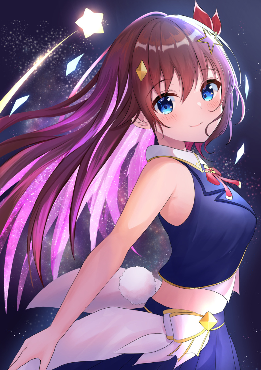 1girl bare_arms bare_shoulders blue_eyes blue_skirt blue_vest blush breasts brown_hair closed_mouth collared_shirt cowboy_shot cropped_shirt cropped_vest diamond_hair_ornament fake_tail from_side hair_ornament hair_ribbon hairclip highres hololive idol long_hair looking_at_viewer medium_breasts midriff neck_ribbon onabe_no_shime pleated_skirt rabbit_tail red_neckwear red_ribbon ribbon shirt skirt sleeveless sleeveless_shirt smile solo star_(symbol) star_hair_ornament tail tokino_sora vest virtual_youtuber waist_cape white_shirt