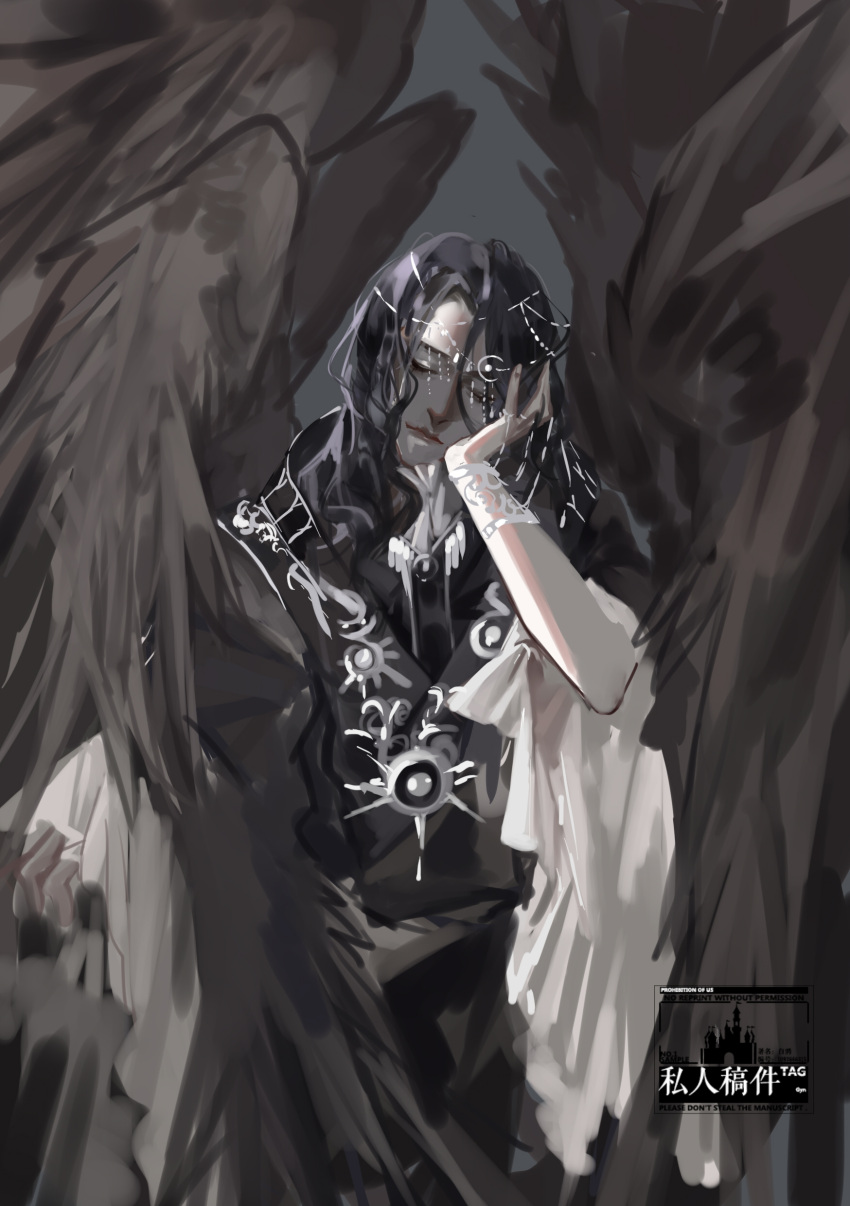 1boy absurdres angel bangs black_hair black_robe black_wings bracer chinese_commentary chinese_text ciafer closed_eyes closed_mouth commentary_request english_text hand_on_own_cheek hand_on_own_face headwear highres long_hair long_sleeves lord_of_the_mysteries sasrir_(lord_of_the_mysteries) sitting sleeping solo_focus white_neckwear wings