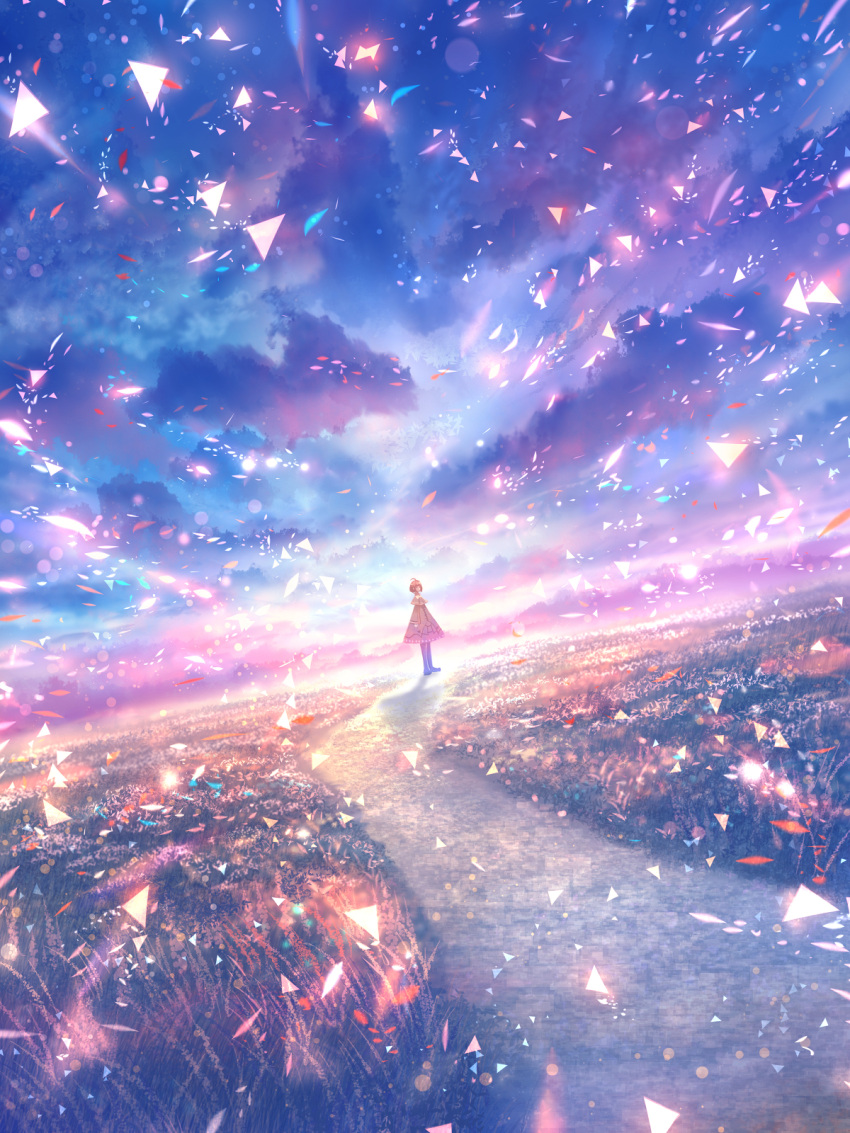 1girl ahoge boots brown_hair clouds cloudy_sky dress fantasy field highres horizon light_particles looking_at_viewer original outdoors path sakimori_(hououbds) scenery short_hair sky solo thigh-highs thigh_boots