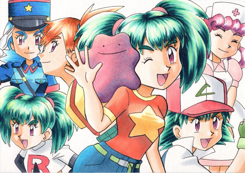 1girl ;d apron ash_ketchum ash_ketchum_(cosplay) bangs baseball_cap black_gloves blue_hair blue_headwear blue_shirt breast_pocket closed_eyes closed_mouth commentary_request cosplay ditto dress duplica_(pokemon) elbow_gloves eyelashes gloves green_gloves green_hair hand_up hat highres jacket jenny_(pokemon) jenny_(pokemon)_(cosplay) jessie_(pokemon) jessie_(pokemon)_(cosplay) joy_(pokemon) logo long_hair looking_at_viewer misty_(pokemon) misty_(pokemon)_(cosplay) multiple_views oka_mochi one_eye_closed open_mouth orange_hair orange_shirt pink_dress pocket pokemon pokemon_(anime) pokemon_(classic_anime) pokemon_(creature) purple_hair shirt short_sleeves smile strap suspenders t-shirt team_rocket team_rocket_uniform tied_hair traditional_media twintails violet_eyes white_apron white_background white_headwear white_jacket yellow_shirt