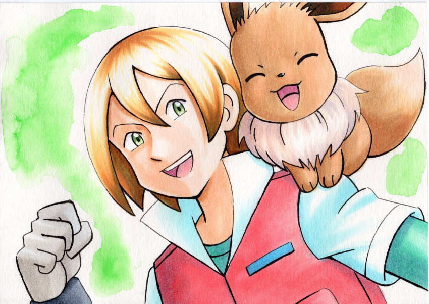 1boy :d bangs blonde_hair collared_jacket commentary_request eevee gloves green_background green_eyes green_shirt grey_gloves hair_between_eyes hand_up highres jacket male_focus oka_mochi on_shoulder open_mouth pokemon pokemon_(anime) pokemon_(creature) pokemon_bw_(anime) pokemon_on_shoulder shirt short_sleeves smile tongue traditional_media upper_body upper_teeth virgil_(pokemon)