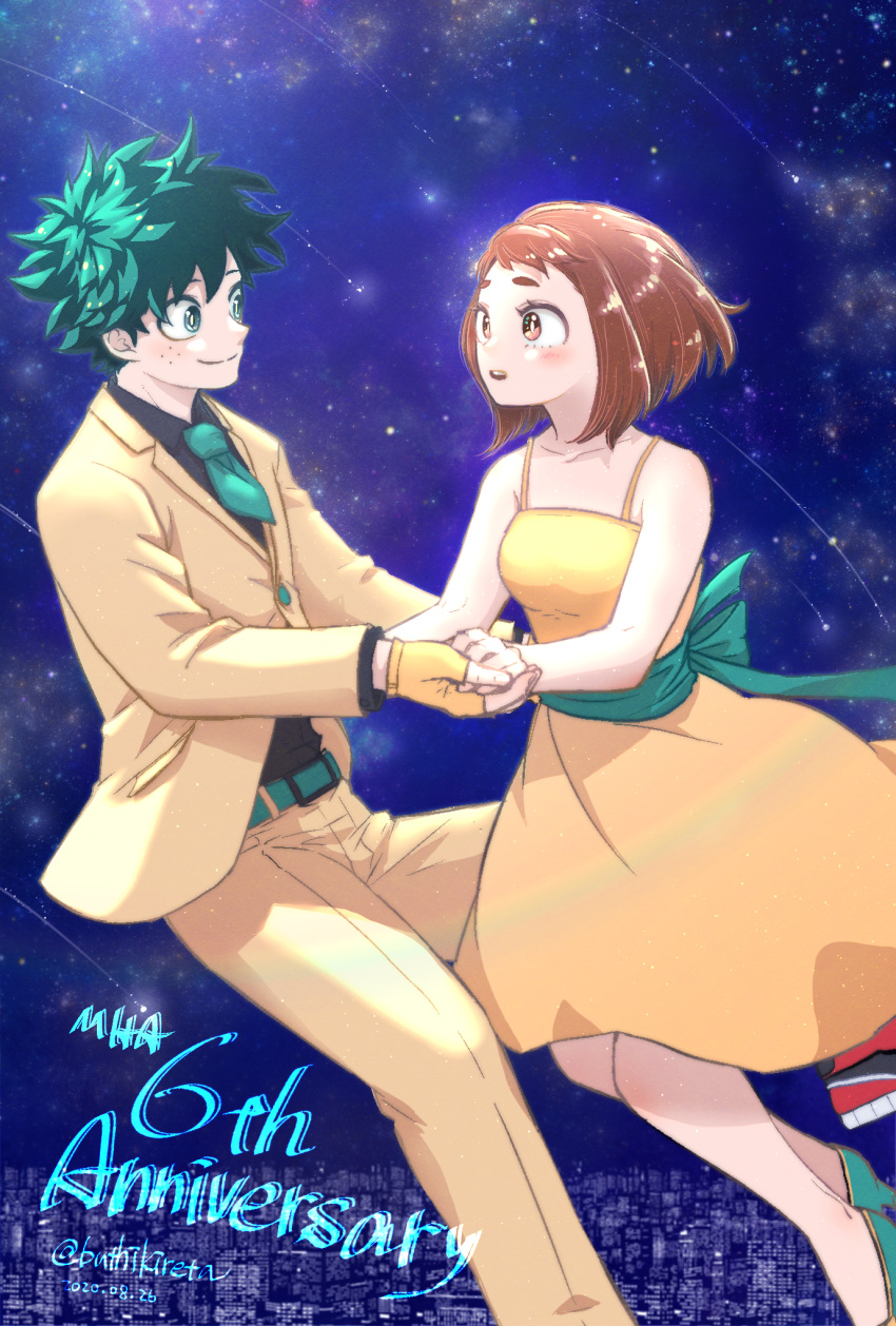 1boy 1girl anniversary bangs bare_arms bare_shoulders black_shirt blush boku_no_hero_academia brown_eyes brown_hair buthikireta collarbone commentary_request copyright_name dated dress eye_contact fingerless_gloves gloves green_belt green_eyes green_neckwear high_heels highres holding_hands jacket looking_at_another midoriya_izuku necktie orange_dress orange_jacket orange_pants pants shirt shoes short_necktie sky smile star_(sky) starry_sky teeth twitter_username uraraka_ochako