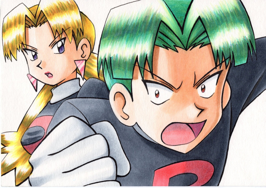 1boy 1girl bangs black_jacket blonde_hair brown_eyes butch_(pokemon) cassidy_(pokemon) commentary_request earrings gloves green_hair highres jacket jewelry logo long_hair oka_mochi open_mouth parted_bangs pokemon pokemon_(anime) pokemon_(classic_anime) shiny shiny_hair short_hair team_rocket team_rocket_uniform tongue traditional_media twintails violet_eyes white_background white_gloves
