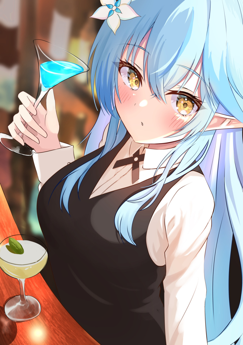1girl bangs bar bartender blurry blurry_background blush breasts cocktail_glass collared_shirt commentary cup dress_shirt drinking_glass elf eyebrows_visible_through_hair flower hair_between_eyes hair_flower hair_ornament highres hololive large_breasts long_sleeves onabe_no_shime parted_lips pointy_ears shirt solo surprised virtual_youtuber waistcoat white_flower white_shirt yellow_eyes yukihana_lamy