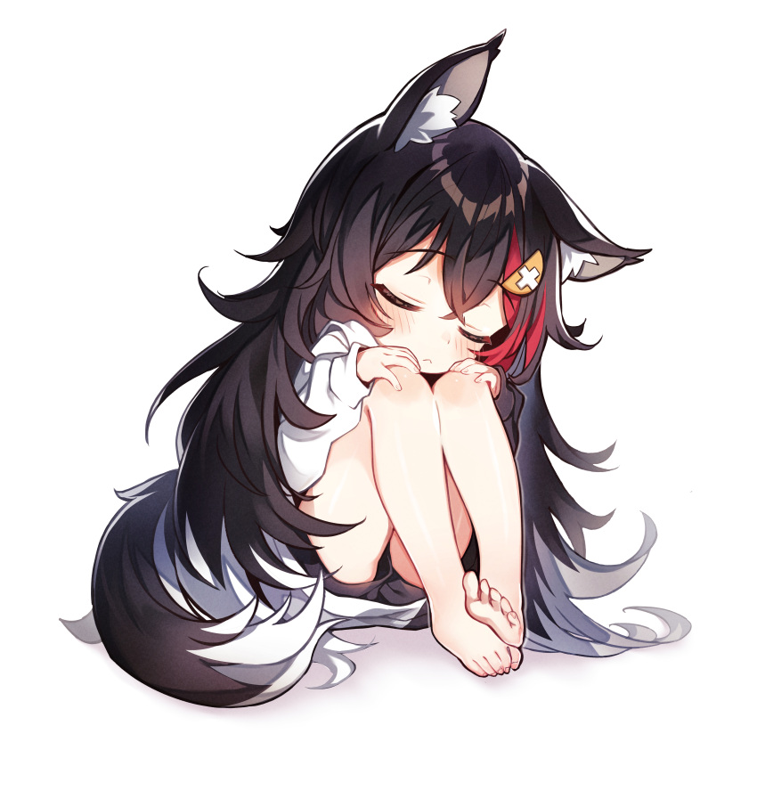 1girl absurdres animal_ear_fluff animal_ears bangs barefoot black_hair black_shorts blush closed_eyes closed_mouth deany eyebrows_visible_through_hair feet full_body hair_between_eyes hair_ornament hairclip hands_on_own_knees highres hololive knees_up legs long_hair long_sleeves looking_at_viewer messy_hair multicolored_hair ookami_mio redhead shirt short_shorts shorts simple_background sitting soles solo streaked_hair tail thighs toes virtual_youtuber white_background white_shirt wolf_ears wolf_girl wolf_tail younger