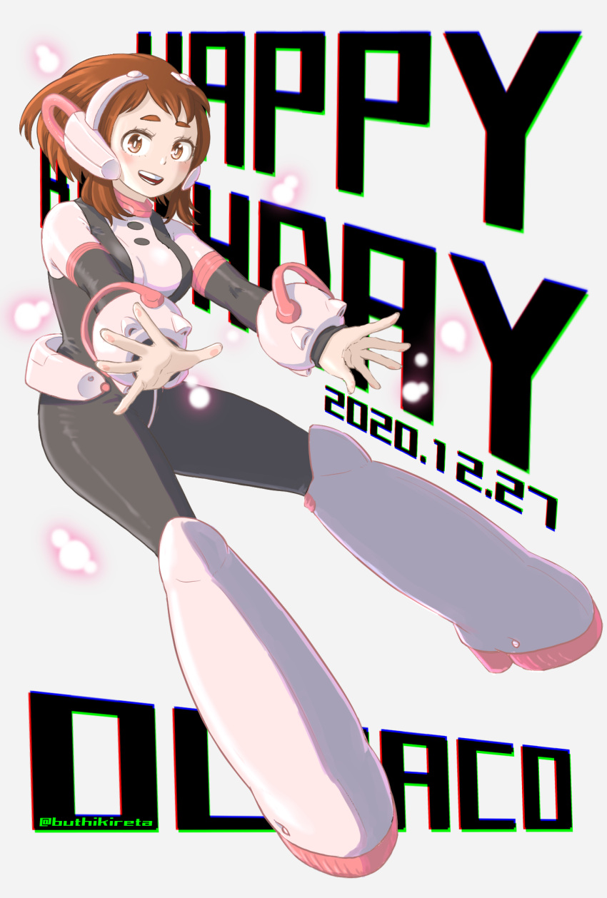 1girl :d bangs black_bodysuit blush bnags bodysuit boku_no_hero_academia boots breasts brown_eyes brown_hair buthikireta character_name commentary_request dated grey_background happy_birthday high_heel_boots high_heels highres large_breasts looking_at_viewer open_mouth outstretched_arms short_hair sidelocks simple_background smile teeth thigh-highs thigh_boots twitter_username uraraka_ochako white_bodysuit