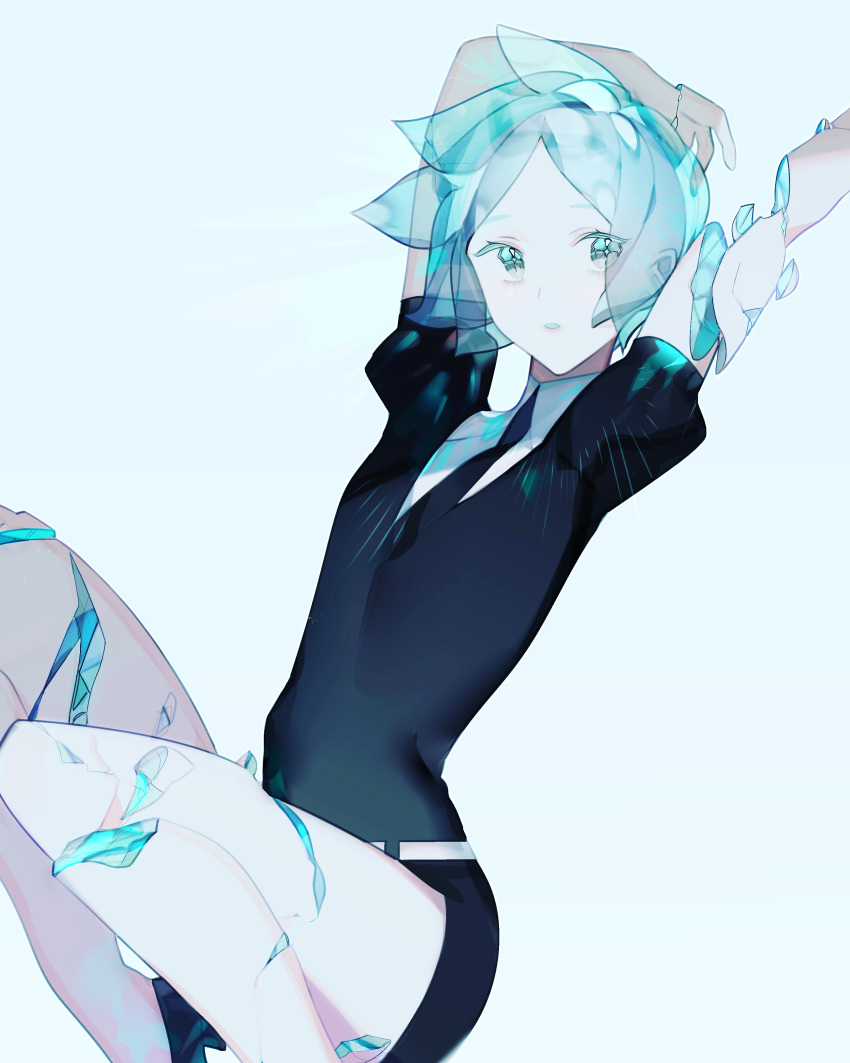 1other absurdres amputee androgynous bangs broken colored_eyelashes commentary crystal_hair gem_uniform_(houseki_no_kuni) green_eyes green_hair highres houseki_no_kuni looking_at_viewer necktie other_focus phosphophyllite puffy_short_sleeves puffy_sleeves short_hair short_sleeves shorts simple_background solo symbol-only_commentary translucent_hair yuzuki_(yuzuplanet)