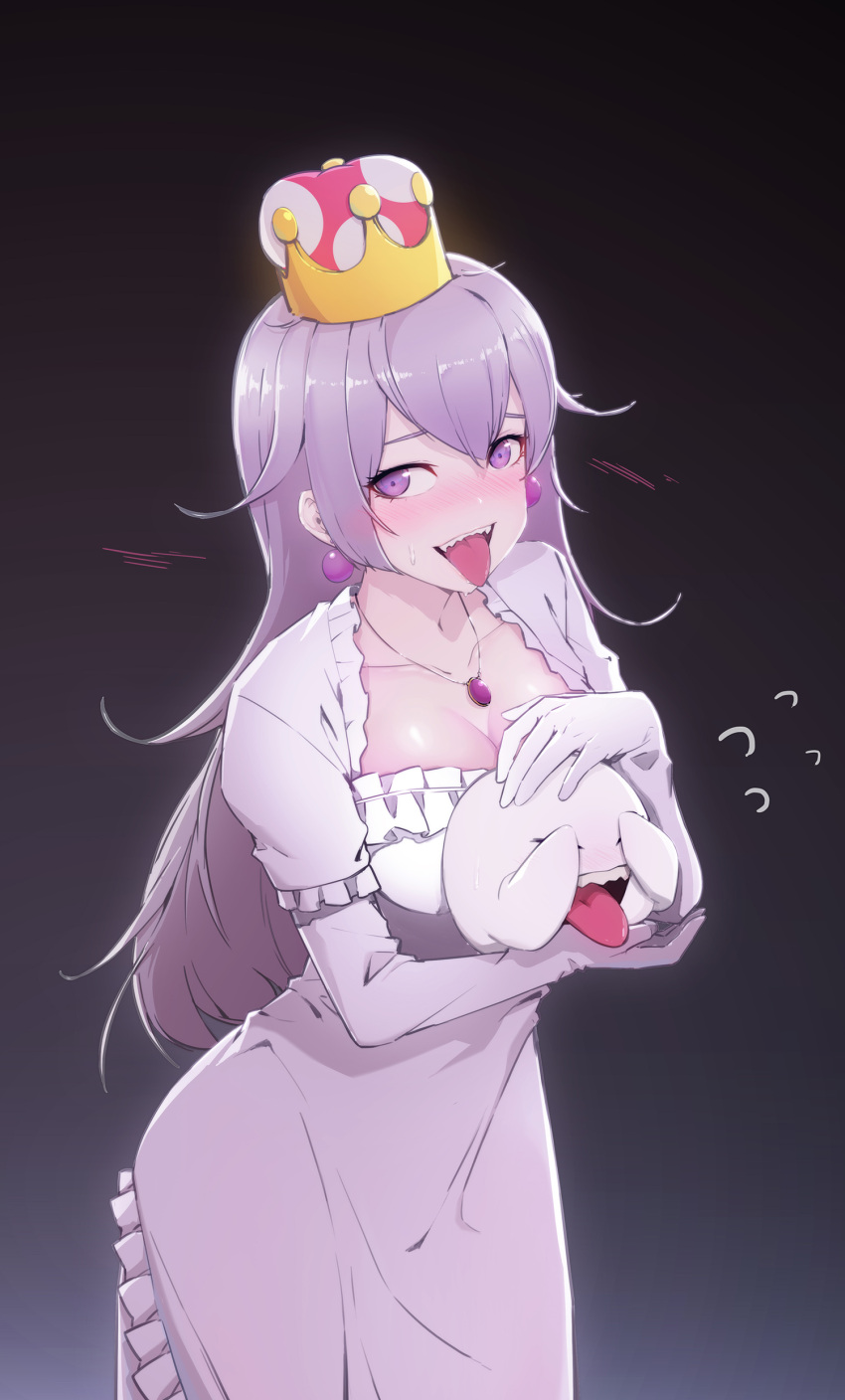 1girl absurdres boo_(mario) breasts closed_eyes colored_tongue covering_eyes crown dress earrings elbow_gloves gloves highres jewelry light_purple_hair long_hair luigi's_mansion medium_breasts mini_crown necklace new_super_mario_bros._u_deluxe nunvora pale_skin princess_king_boo purple_tongue sharp_teeth short_sleeves super_crown super_mario_bros. teeth tilted_headwear tongue tongue_out violet_eyes white_dress white_gloves