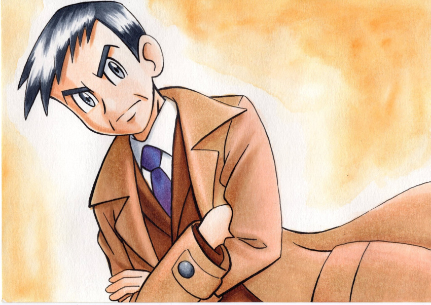 1boy bangs black_hair brown_coat brown_jacket buttons closed_mouth coat collared_shirt commentary_request crossed_arms frown furrowed_brow grey_eyes highres jacket long_sleeves looker_(pokemon) male_focus necktie oka_mochi open_clothes open_coat orange_background pokemon pokemon_(game) pokemon_dppt purple_neckwear shirt short_hair solo traditional_media upper_body white_shirt