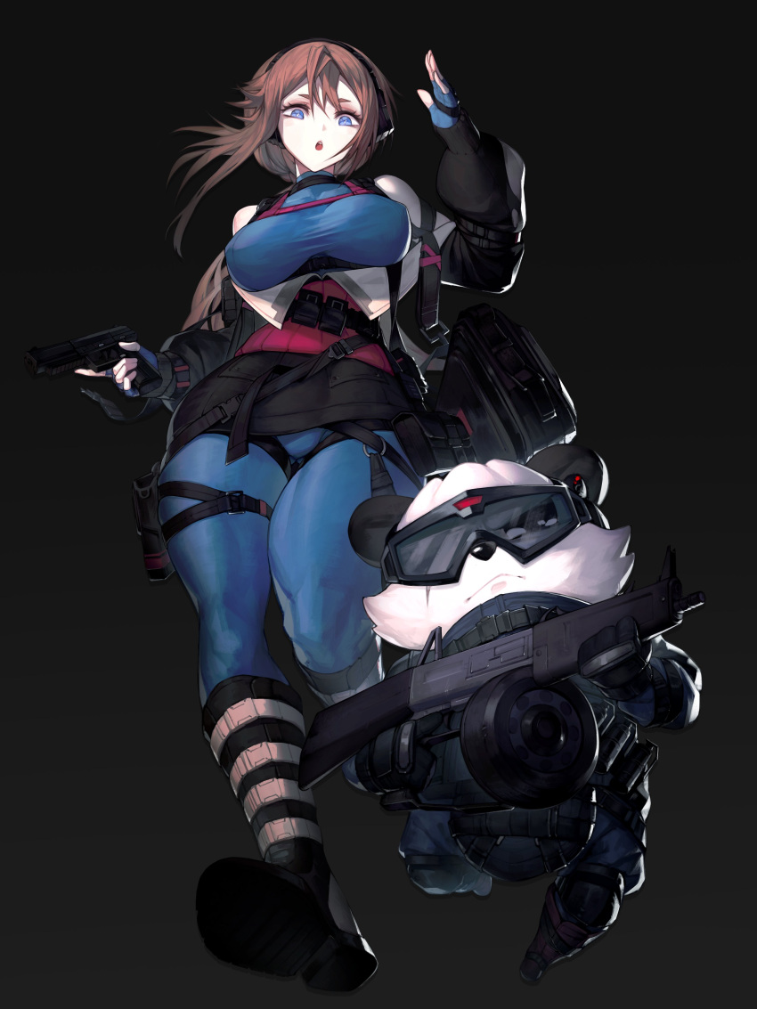 :o absurdres arknights bangs belt black_background black_belt black_jacket black_skirt blue_bodysuit blue_eyes bodysuit breasts brown_hair commission covered_nipples english_commentary goggles gun highres holding holding_gun holding_weapon indie_virtual_youtuber jacket jin_grey_paladin looking_down medium_breasts open_hand original panda parody samantha_(admiral_bahroo) scar scar_across_eye skirt style_parody umeru_(admiral_bahroo) virtual_youtuber weapon