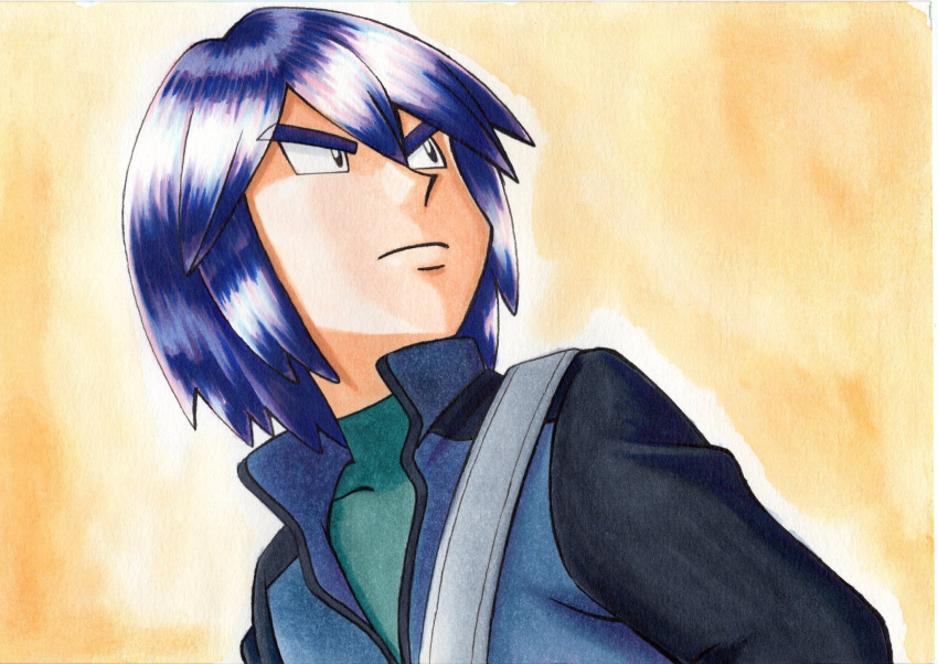 1boy bangs blue_jacket closed_mouth commentary_request covered_collarbone eyebrows_visible_through_hair frown green_shirt hair_between_eyes highres jacket looking_to_the_side male_focus oka_mochi orange_background paul_(pokemon) pokemon pokemon_(anime) pokemon_dppt_(anime) purple_hair shirt solo strap traditional_media upper_body