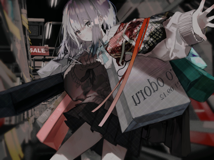 1girl absurdres bag blue_bow blue_neckwear bow carrying_bag grey_eyes grey_sweater highres huge_filesize indoors long_sleeves looking_at_viewer medium_hair original outstretched_arm outstretched_hand plaid plaid_skirt school_uniform shirt shopping_bag silver_hair skirt sleeves_past_wrists solo sweater tekito_midori white_shirt