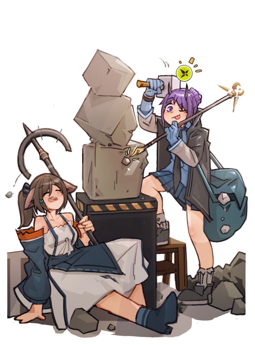2girls :p absurdres animal_ears arknights bag black_jacket black_neckwear blue_footwear blue_gloves blue_jacket blue_shirt blue_skirt bow closed_eyes commentary_request demon_horns dress eyebrows_visible_through_hair fox_ears gameplay_mechanics gloves hair_bow hair_bun hammer hibiscus_(arknights) highres holding holding_hammer holding_staff horns jacket jumbowhopper knee_up korean_commentary looking_at_viewer mixed-language_commentary multiple_girls necktie off_shoulder one_eye_closed open_clothes open_jacket open_mouth orirock_(arknights) perfumer_(arknights) pleated_skirt ponytail purple_hair rock sculpting shirt shoulder_bag sidelocks simple_background sitting skirt staff stool tongue tongue_out white_background white_dress