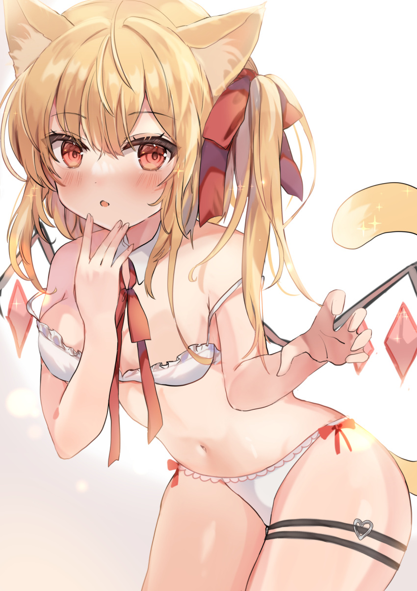 1girl :o \||/ animal_ear_fluff animal_ears backlighting bangs blush breasts cat_ears cat_tail cowboy_shot crystal eyebrows_visible_through_hair flandre_scarlet hair_between_eyes hair_ribbon hand_to_own_mouth hand_up highres kemonomimi_mode leaning_forward maruro medium_hair navel no_hat no_headwear one_side_up parted_lips red_eyes red_ribbon ribbon simple_background small_breasts solo sparkle strap_slip tail thighs touhou white_background wings