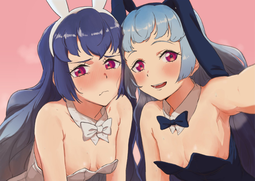 2girls :d animal_ears armpits bare_shoulders big_hair blue_bow blue_hair blue_leotard blue_neckwear blush bow bowtie breasts copyright_request detached_collar fake_animal_ears hairband highres leotard long_hair looking_at_viewer multiple_girls open_mouth osame pink_background pink_eyes playboy_bunny rabbit_ears small_breasts smile steaming_body strapless strapless_leotard white_bow white_leotard white_neckwear