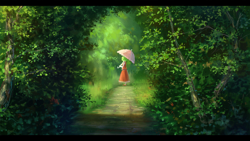 1girl commentary_request day flower forest frilled_skirt frills full_body grass green_hair highres holding kazami_yuuka letterboxed long_skirt nature orange_flower outdoors path plaid plaid_skirt plaid_vest red_footwear red_skirt red_vest scenery shirt shoes short_hair skirt skirt_set solo standing suzu_(susan_slr97) touhou tree vest white_shirt wide_shot