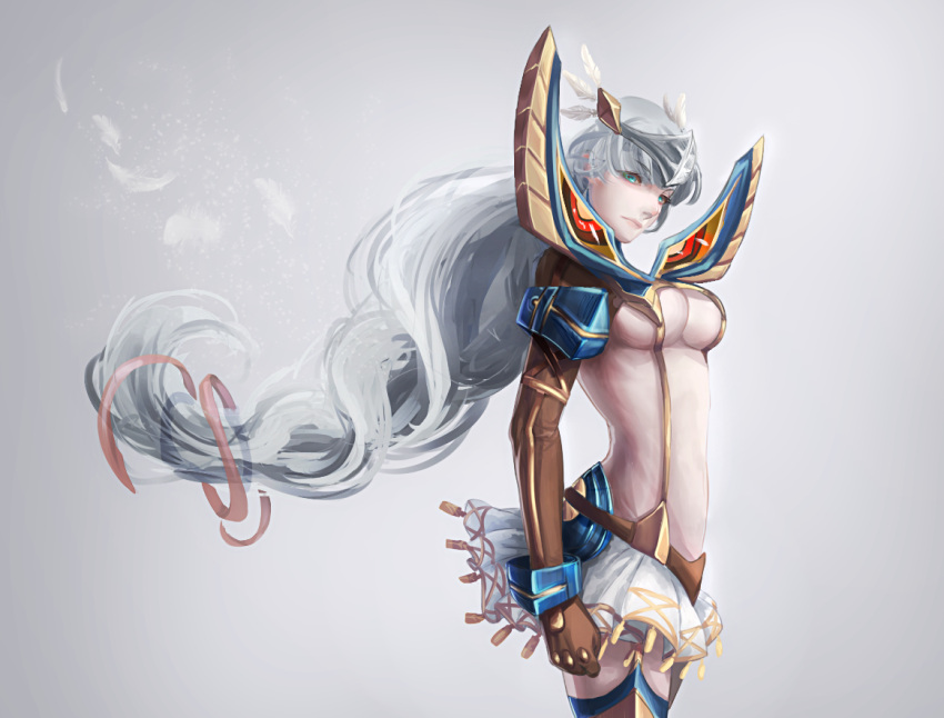 adapted_costume bangs blue_eyes braid breasts cosplay helmet katorius kill_la_kill lenneth_valkyrie long_hair looking_at_viewer matoi_ryuuko matoi_ryuuko_(cosplay) microskirt midriff silver_hair skirt under_boob valkyrie valkyrie_profile winged_helmet