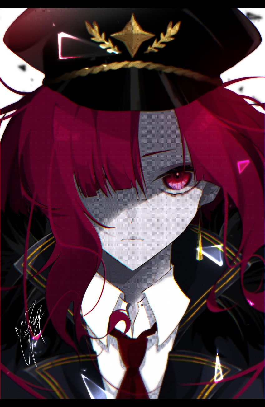 1girl bangs black_jacket blunt_bangs collared_shirt earrings expressionless gold_trim goma_irasuto hair_over_one_eye hat highres jacket jewelry looking_at_viewer military military_hat military_uniform necktie one_eye_covered original portrait red_eyes red_neckwear red_theme redhead shirt signature solo uniform white_shirt