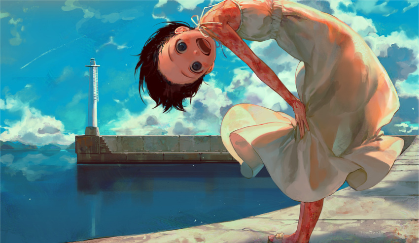 1girl :d bent_over blue_eyes blue_sky blush brown_hair burn_scar day dress from_side kotatiyu lighthouse looking_at_viewer looking_back open_mouth original outdoors pier scar short_hair sky sleeveless sleeveless_dress smile solo sundress white_dress