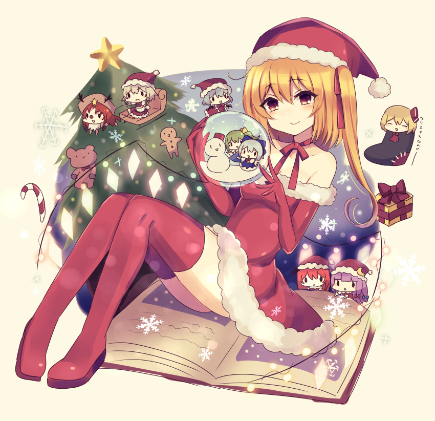 6+girls =_= absurdres alternate_costume animal_costume antlers bat_wings blue_bow blue_hair book boots bow box candy candy_cane choker christmas christmas_ornaments christmas_tree cirno closed_eyes crescent crescent_pin daiyousei embodiment_of_scarlet_devil eyebrows_visible_through_hair flandre_scarlet food gift gift_box green_hair hair_between_eyes hat highres hong_meiling izayoi_sakuya knee_boots koakuma multiple_girls off-shoulder_shirt off_shoulder patchouli_knowledge purple_hair red_choker red_eyes red_ribbon redhead reindeer_antlers reindeer_costume remilia_scarlet ribbon rumia santa_costume santa_hat shirt siblings side_ponytail silver_hair sisters snow_globe snowflakes snowman socks solid_oval_eyes stuffed_animal stuffed_toy subaru_(subachoco) teddy_bear touhou wings yellow_bow