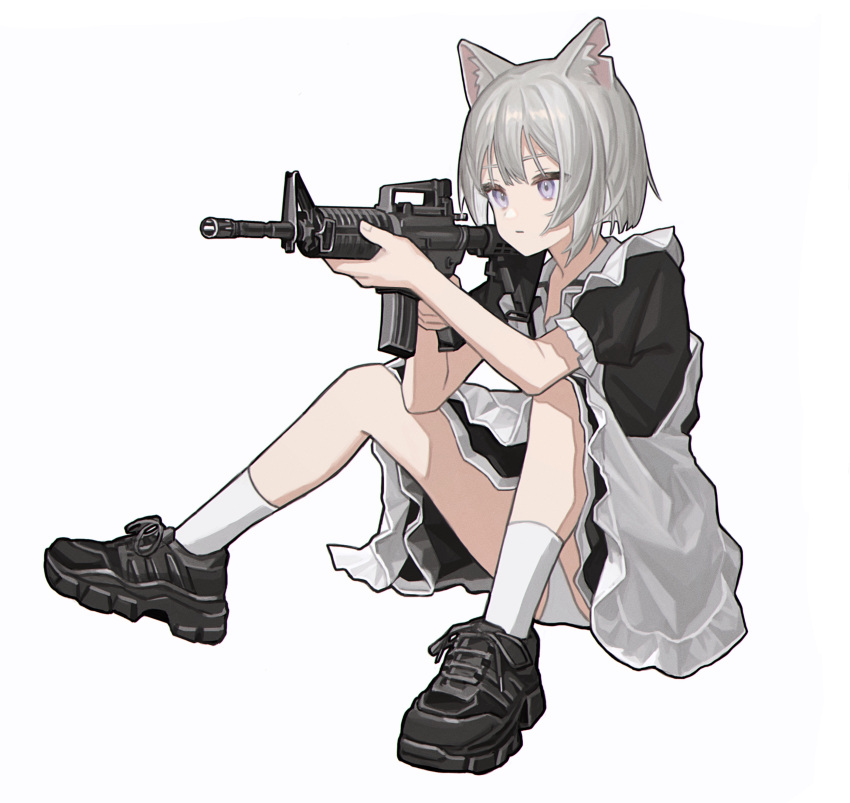 1girl absurdres aiming animal_ear_fluff animal_ears apron assault_rifle bangs black_footwear cat_ears commentary expressionless frilled_apron frills full_body grey_hair gun highres holding holding_gun holding_weapon huge_filesize knees_up m4_carbine maid notched_ear original panties rifle shoes short_hair silver_hair simple_background sitting sneakers socks solo spread_legs underwear violet_eyes weapon white_apron white_background white_legwear white_panties zumochi