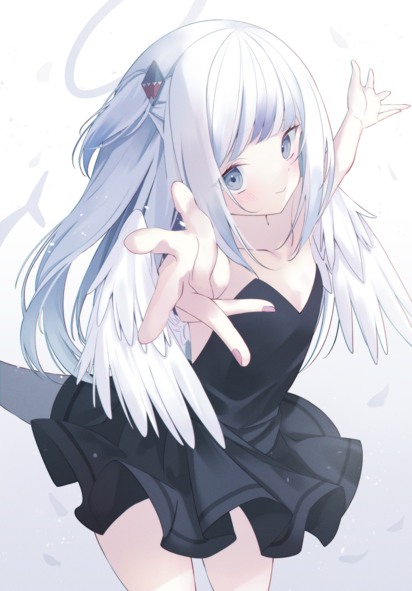 1girl angel angel_wings backless_dress backless_outfit bangs black_dress blue_eyes blunt_bangs cowboy_shot dress fish_tail flat_chest frilled_dress frills gawr_gura hair_ornament hairclip halo highres hololive hololive_english long_hair looking_at_viewer outstretched_arms shark_tail silver_hair simple_background smile solo strapless strapless_dress tail virtual_youtuber wings yuzuno_kaori