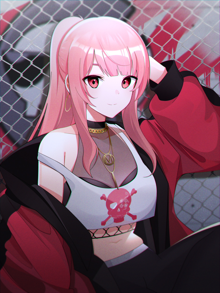 1girl absurdres bangs black_jacket black_pants blunt_bangs blurry blurry_background braid breasts chain-link_fence commentary_request covered_collarbone earrings fence hand_up highres hololive hololive_english hoop_earrings huge_filesize jacket jewelry long_hair long_sleeves looking_at_viewer midriff mori_calliope necklace off_shoulder ookura_(karattooo) pants pink_hair ponytail puffy_long_sleeves puffy_sleeves red_jacket shiny shiny_hair single_braid sitting skull_print smile solo stomach virtual_youtuber