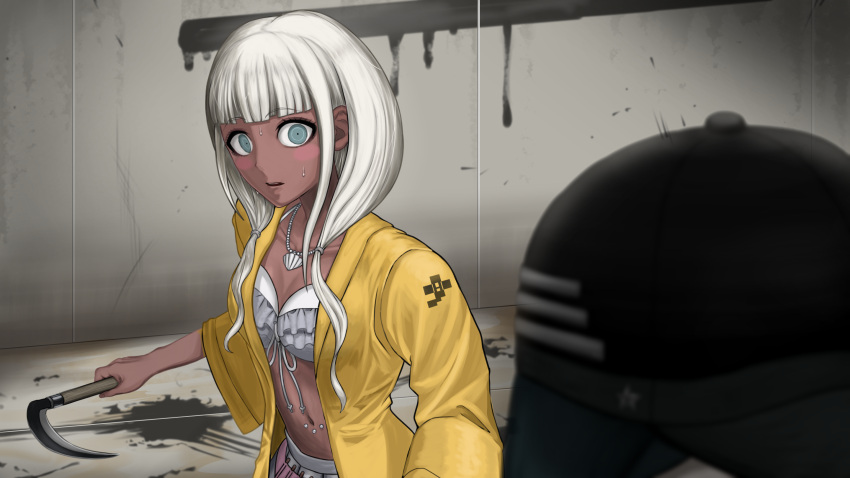 1boy 1girl alternate_universe bangs blood blunt_bangs breasts collarbone danganronpa_(series) danganronpa_v3:_killing_harmony dark-skinned_female dark_skin eyebrows_visible_through_hair fake_screenshot ganguro green_eyes highres holding holding_scythe holding_weapon indoors jacket jewelry long_hair long_sleeves looking_at_viewer low_twintails medium_breasts mou_(hntg7838) navel navel_piercing necklace open_clothes open_jacket parted_lips piercing saihara_shuuichi scythe shell_necklace skirt solo_focus sweat teeth twintails upper_body weapon white_hair yellow_jacket yonaga_angie