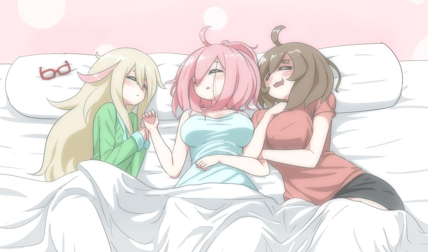 3girls :3 ahoge bed black_shorts blanket blonde_hair breasts brown_hair closed_eyes closed_mouth cowboy_shot english_commentary eyewear_removed flat_chest green_shirt highres insomnia-chan kay_yu large_breasts long_hair lying medium_hair multiple_girls on_back on_side open_mouth original paguroidea pillow pink-haired_girl_(kay_yu) pink_background pink_hair red_shirt shirt shorts sleeping white_shirt