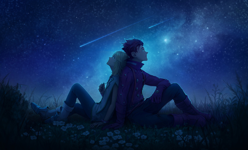 2boys back-to-back blonde_hair boots brown_hair flower grass highres kazuko_(towa) leaning_on_person lloyd_irving looking_up mithos_yggdrasill multiple_boys night night_sky on_ground shooting_star sitting sky star_(sky) starry_sky tales_of_(series) tales_of_symphonia